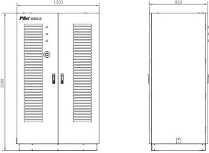 Front and side technical diagram of the Pilot Split EV Charger's Main Cabinet, dimensions 2000mm in height, 1200mm in width, and 850mm in depth.
