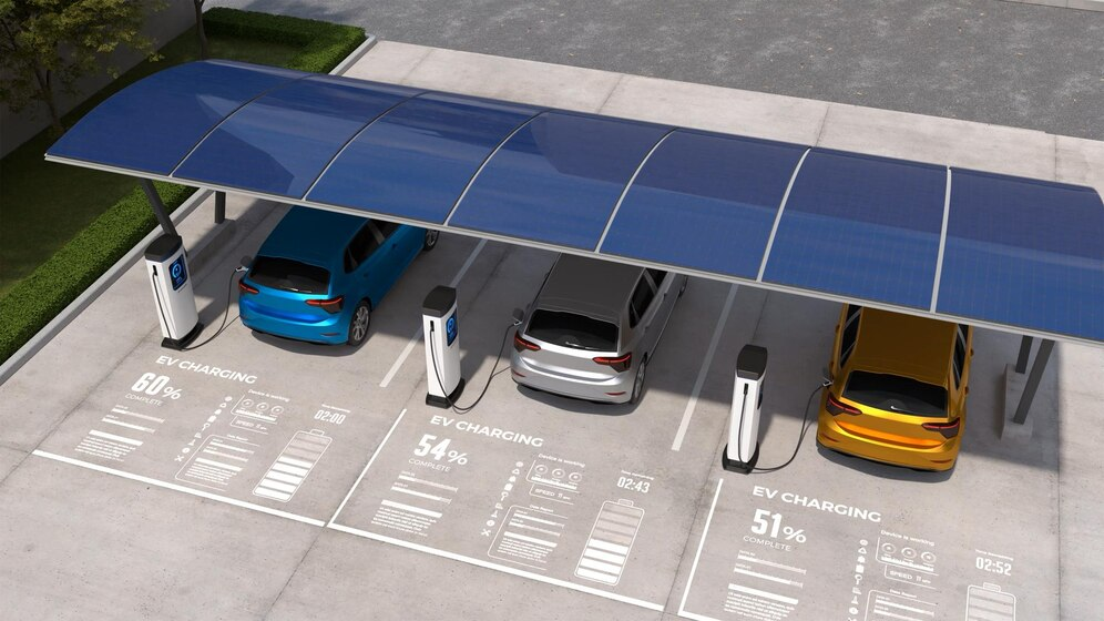 Solar-powered EV charging station with three cars charging under a modern, solar-paneled canopy, displaying charging statuses.