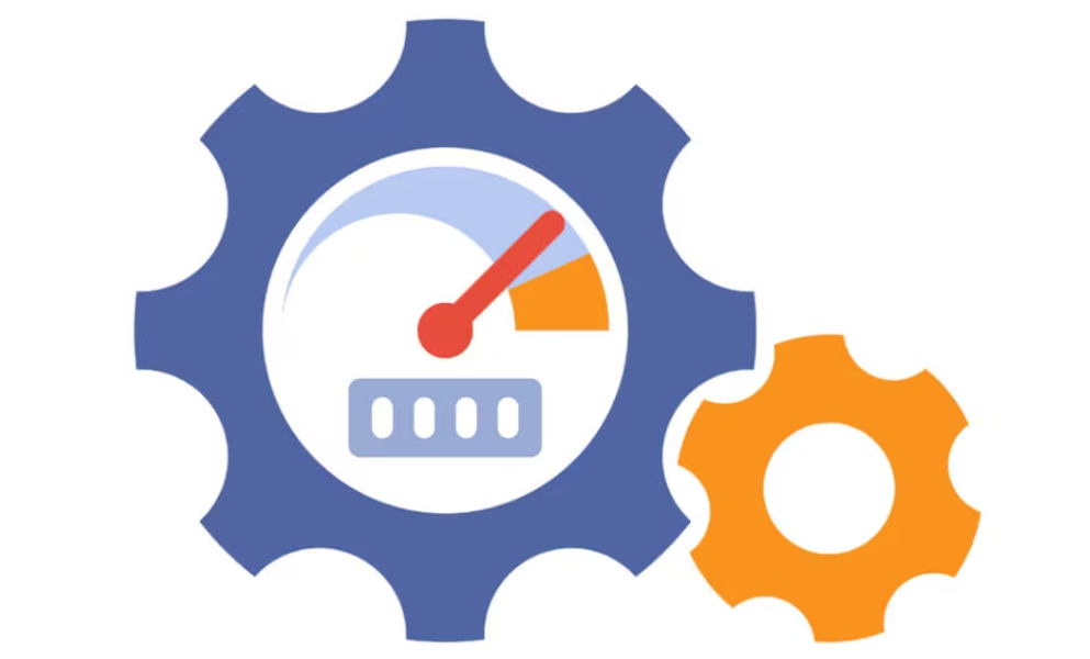 Illustration of two interlocking gears, one blue and one orange, with a speedometer indicating high performance and efficiency.